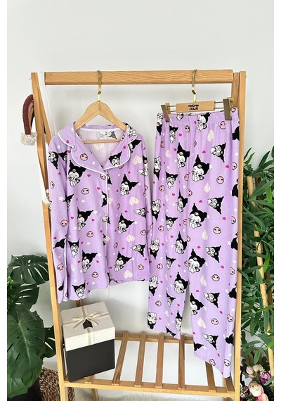 Miniğimin Cicileri Krm Desenli Süet Kız Çocuk Pijama Takımı - Lila