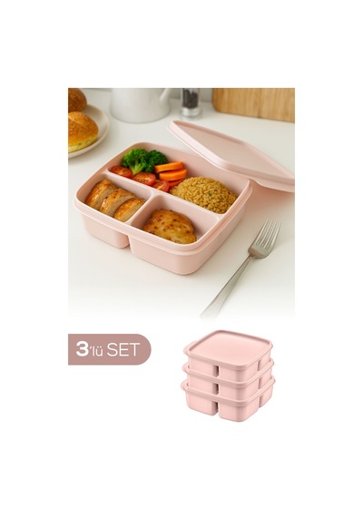 3'lü Set Bölmeli Kare Saklama Kabı Pembe Pembe