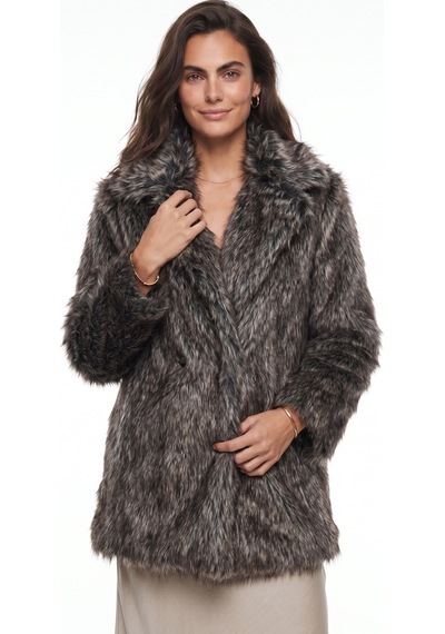Onloox Kadın Siyah-gri Siyah Gri Suni Kürk Polyester Kumaş Kruvaze Yaka Astarlı Araboy Kaban
