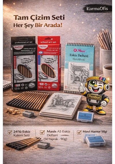 24 Lü Eskiz Kalem Seti + A5 Eskiz Defteri + Mavi Hamur Silgi Profesyonel Çizim Seti