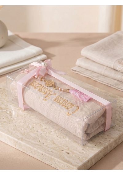 Anneler Gününe Özel Canım Annem Nakışlı Tesbihli Hediyelik Seccade Seti Pembe