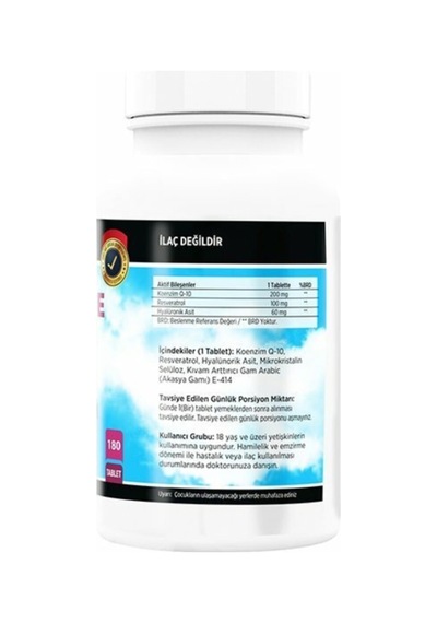 Coenzyme Q-10 200 Mg Hyoluronic Acid Resveretrol 180 Tablet