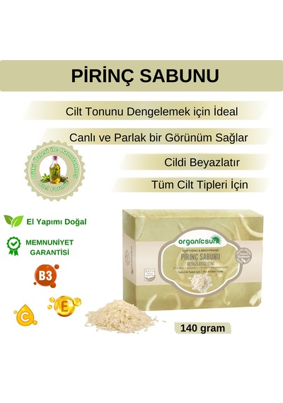 Organicsun Doğal Pirinç Sabunu 140 Gr Tüm Cilt Tipleri İçin Beyazlatıcı Etkili