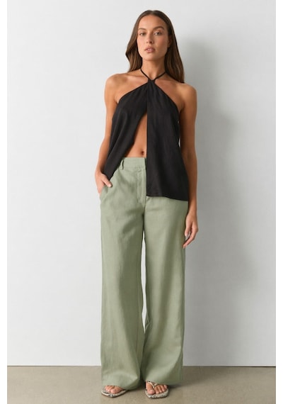 Madmext Çağla Yeşili Yüksek Bel Keten Wide Leg Pantolon Mg2718
