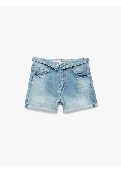 Koton Pamuklu Rahat Kalıp Düğme Detaylı Beli Katlamalı Mini Denim Şort Orta İndigo 6sal40282md
