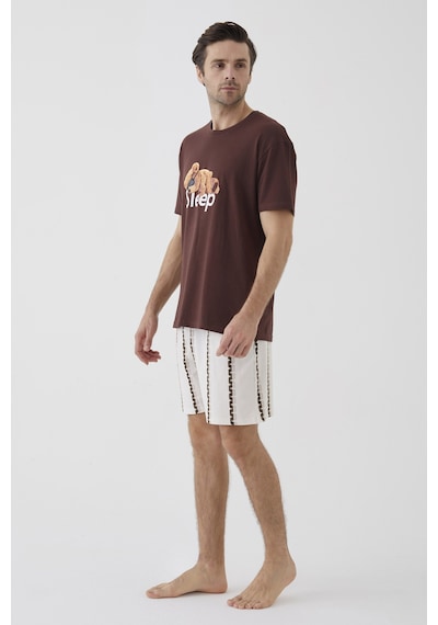Erkek Kısa Kollu Pamuklu Ayıcık Desenli Şortlu Pijama Takımı Ke30308 Ekru
