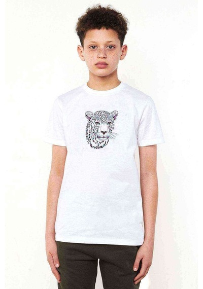 Tshirthane Pembe Mavi Ve Siyah Leopar Çita Baskılı Unisex Çocuk Beyaz T-Shi