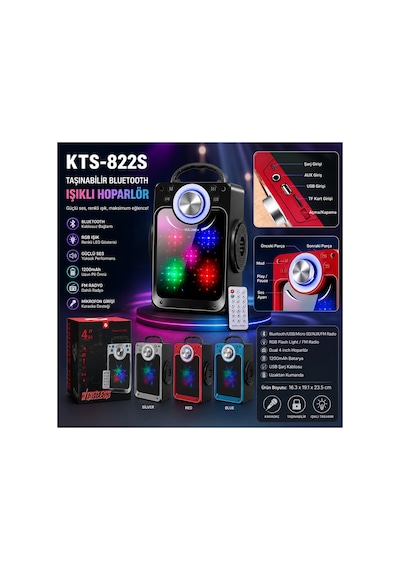 Kts-822s Ayna Camlı Rgb Led Işıklı Bluetooth Speaker Şarjlı Kablosuz Taşınabilir Hoparlör Hafıza Kartı Ve Usb Girişli Fm Radyolu Mp3 Müzik Çalar Ses Sistemi