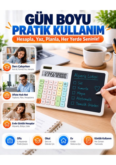 12 Haneli Güneş Enerjili Hesap Makinesi Lcd Yazı Tabletli Kalemli Pastel Renkli Masaüstü Hesap Makinesi Not Tableti Beyaz