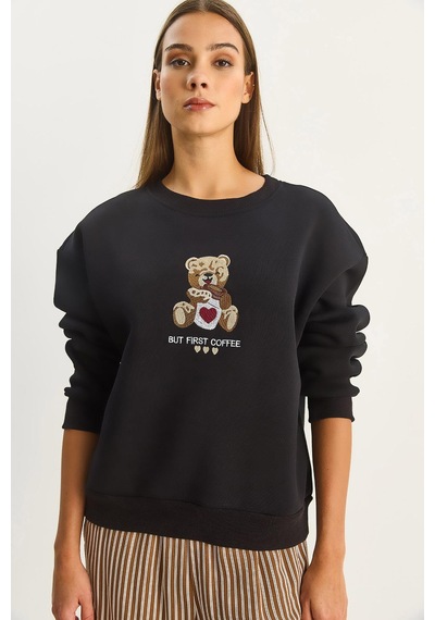Shade Kadın Teddy Nakış Detaylı Üç İplik Şardonlu Sweatshirt 60601044 - Siyah