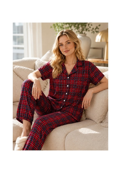 Rindahomewear Kadın Milan Düğmeli Pijama Takımı Kırmızı