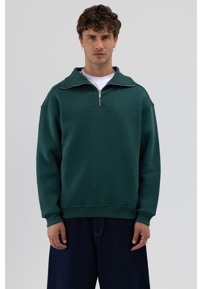Vamos Basic Fermuarlı Dik Yaka Sweatshirt Nefti