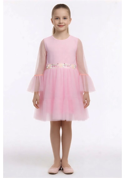 Kız Çocuk Elbise -tül Kaplamalı-beli Pul Detaylı 7-10 Yaş 12529 Pembe