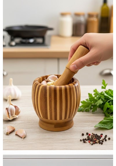 Porsima Pbt-409 Doğal Bambu Havan - Sarımsak Döveceği Ahşap Sarımsak Ezici Havan Döveç Ahşap