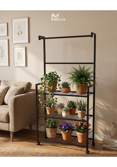Tekerlekli Metal Saksı Standı Ve Bitki Askılığı - 3 Raflı Portatif Çiçek Rafı Siyah Diğer