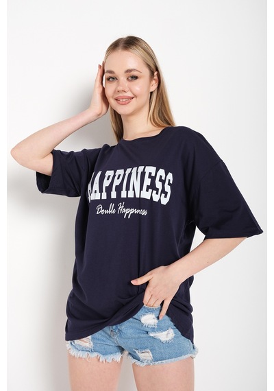 Flood Of Style Kadın Lacivert Happıness Baskılı Oversize Tshirt