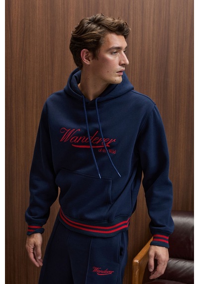 Grimelange Phantoseas Erkek Kapüşonlu Önü Nakışlı Etek Ve Kol Triko Detaylı Lacivert Sweatshirt Lacivert