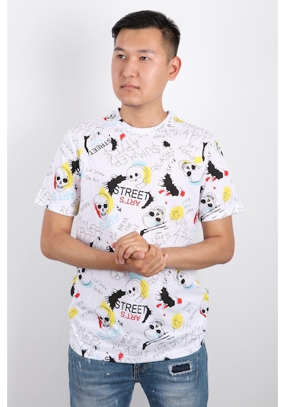 Rich Erkek Bisiklet Yaka Baskılı T-shirt %100 Pamuk Tişört Beyaz