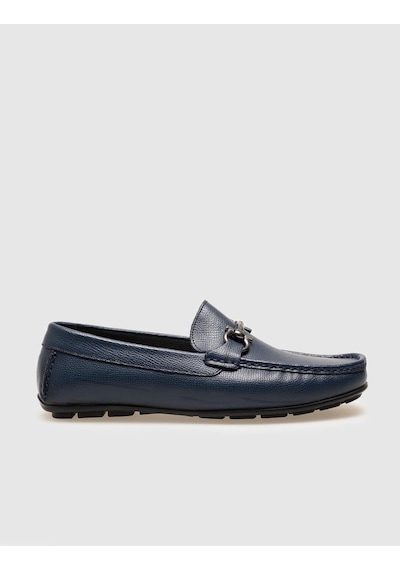 Hakiki Deri Lacivert Metal Aksesuarlı Erkek Loafer Ayakkabı - 42