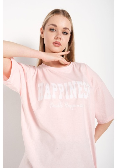 Flood Of Style Kadın Pudra Pembe Happıness Baskılı Oversize Tshirt
