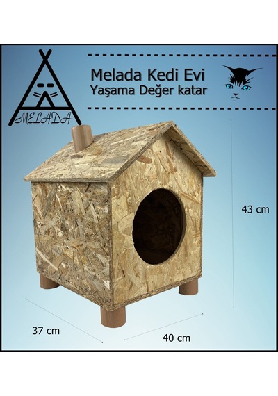 Melada Kedi Evi Dış Ortam Uygun Ahşap Kedi Evi Osb 43x40x37 Cm