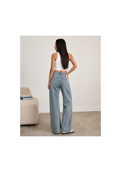 Bluemarlin Yeşil Tint İşlemli Yüksek Bel Straight Denim/kot Pantolon Yeşil Tintli