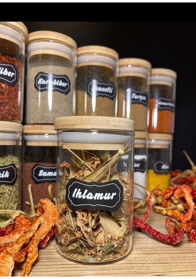 12'li Etiketli Bambu Vakumlu Kapaklı Cam 180ml Baharatlık Takımı Etiketli Baharatlık Set Diğer