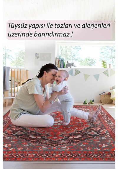 Foldy Vintage Desenli Dokuma Taban Dekoratif Kırmızı Halı Fl 46 Kırmızı 10
