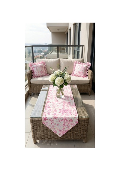 %100 Pamuk Simli Kumaş Pembe Desenli Üçgen Runner 40x110 Pembe - 890395106 Pembe
