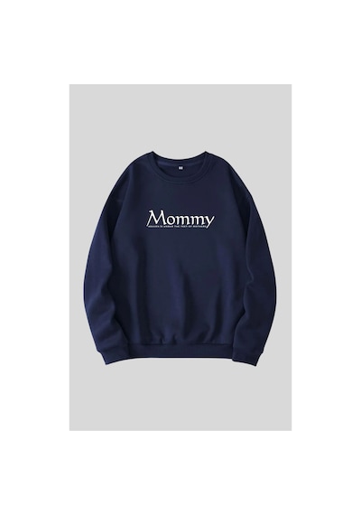Caxis Kadın Mommy Baskılı Hamile Oversize, Doğum, Anne Hediyelik Ürün Bisiklet Yaka Sweatshirt Lacivert