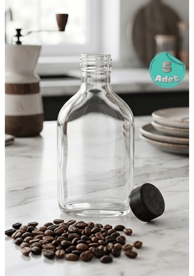 5 Adet Kapaklı Cold Brew Şişesi 200 Ml Yassı Cam, Soğuk Kahve, Detoks, Sos Ve Yağdanlık Şişesi Şeffaf