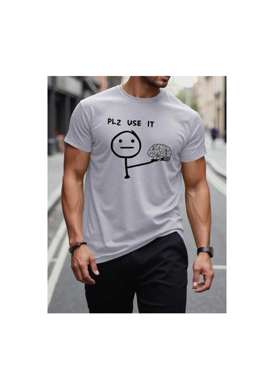 Medinenur Plz Use It Detaylı Basic T-shirt Gri