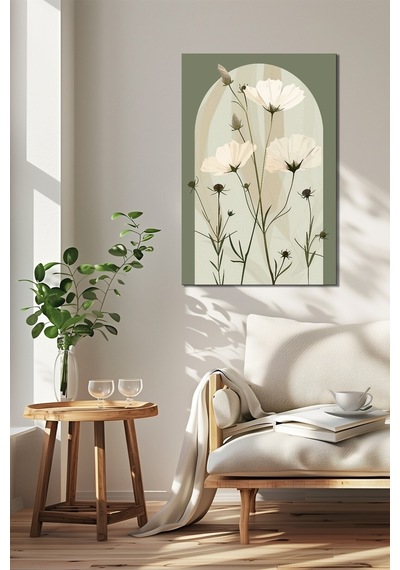 Minimalist Çiçek Baskılı Cam Tablo Yeşil Zemin Beyaz Çiçek Desenli Modern Dekor