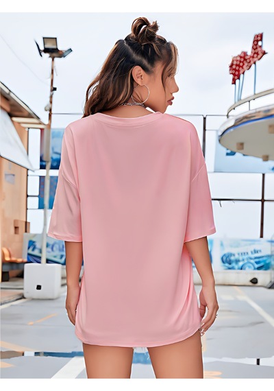 Papatyalar Baskılı T-shirt - Pembe Baskılı Oversize Bisiklet Yaka Kısa Kol Tişört Pembe
