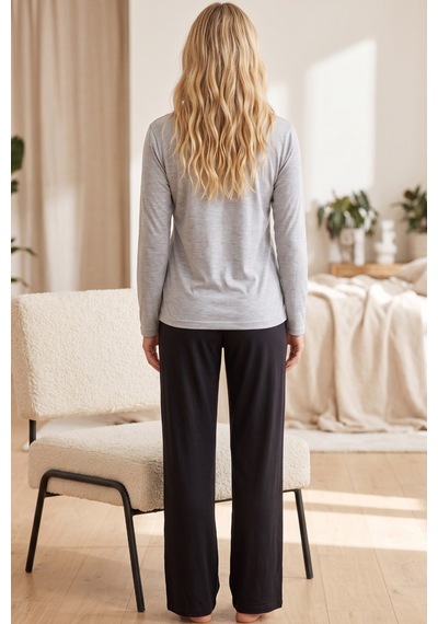Siyah İnci Gri Siyah Likralı Örme Pijama Takım 26240365