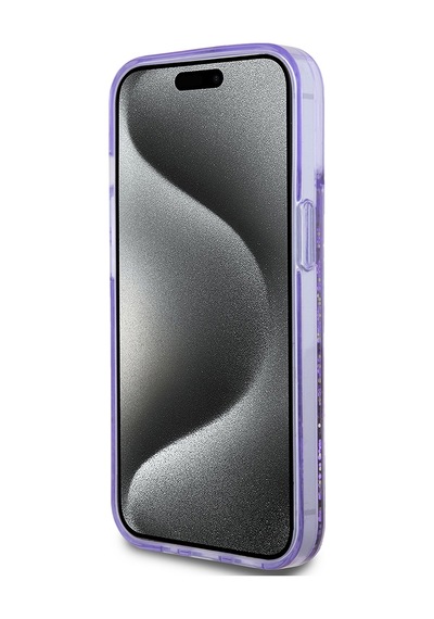 Apple Uyumlu iPhone 14 Kılıf Guess Lisanslı Transparan Sıvılı Simli Altın Çizgili Kapak Mor