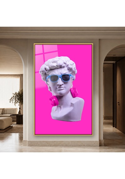 Gözlüklü Ve Kulaklıklı Pop Art Büst Gold Çerçeveli Cam Tablo