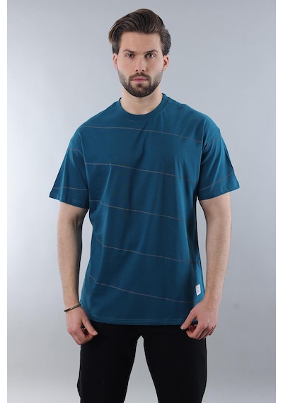 Madmext Petrol Mavisi Bisiklet Yaka Basic Çizgili Erkek T-shirt E7102 Petrol Mavisi
