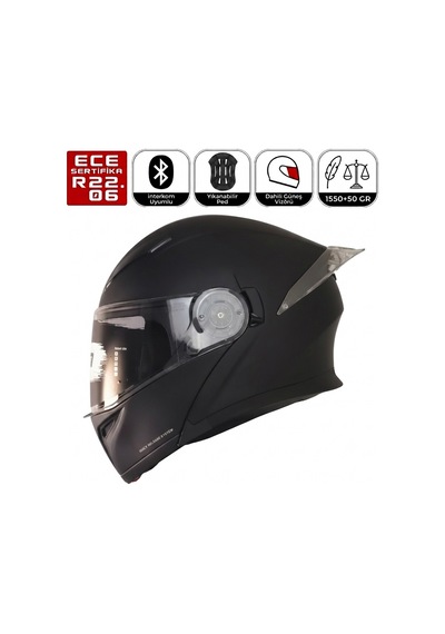 Fr-965 Mat Siyah Motosiklet Kaskı Çene Açılır Güneş Vizörlü Motorcu Kask