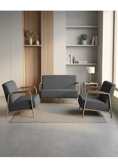 Atlas 2+1+1 Dokuma Kumaş Ofis Cafe Bekleme Koltuk Takımı Cappuccino Metal Antrasit