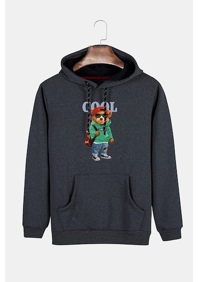 Unisex Füme Kapüşonlu Cool Ayıcık Baskılı Slim Fit Kanguru Cepli Sweatshirt Füme