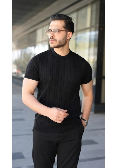 Valensdesign Erkek Örgü Desen Bisiklet Yaka Triko Tişört - %100 Pamuk Akrilik Siyah