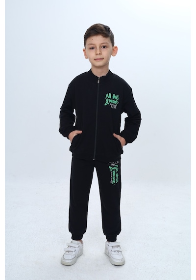 Toontoy Kids Toontoy Erkek Çocuk Göğüsü Kabartma Baskılı Fermuarlı Eşofman Takım Siyah