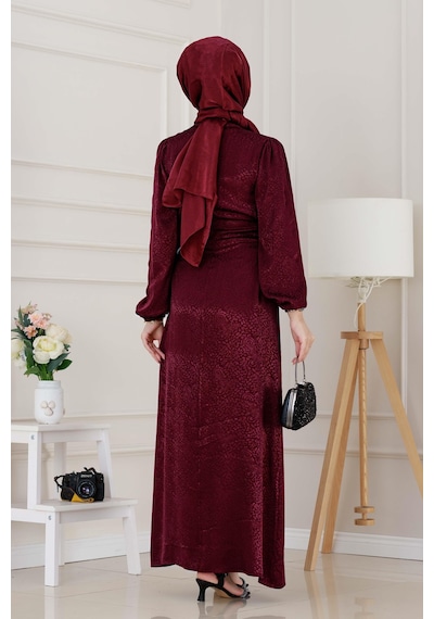 Buse Yanı Bağcıklı Saten Abiye-bordo-4997