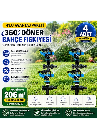 4'lü 360 Derece Döner Bahçe Fıskiyesi Seti 206 M² Sulama Alanı Ayarlanabilir Çim Sulama Sprinkleri