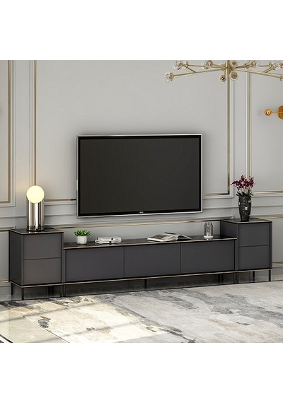 Tv Sehpası Kozan Set Antrasit Mermer Desen 260 Cm