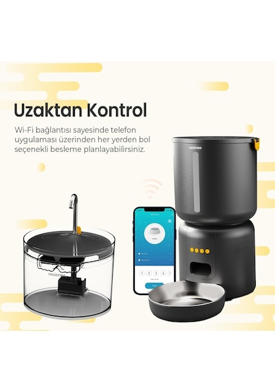 Haustier Fw3 Siyah Otomatik App Kontrollü Akıllı Kedi Mama Kabı &amp Otomatik Kedi Su Pınarı 2'li Set - Akıllı