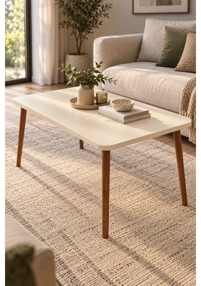 Sulorahome Torna Ayaklı Krem Bej Orta Sehpa 90x50 Cm Akçaağaç