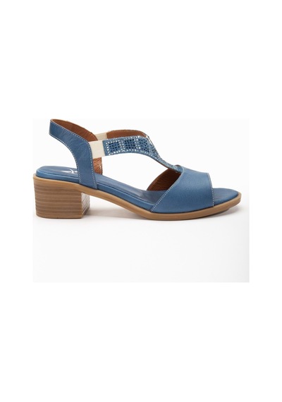 Analin Shoes Kadın Hakiki Deri Lastikli Rahat Taşlı Sandalet Kot Mavi