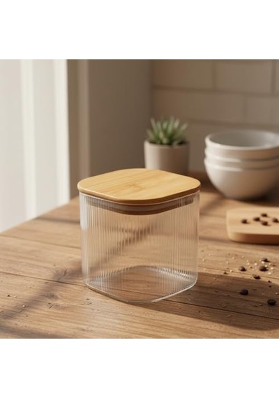 Bambu Kapaklı Kare Cam Saklama Kavanozu 10x10 Cm - Vakum Kapaklı Şeffaf Erzak Kabı Ve Mutfak Düzenleyici Organiza Diğer